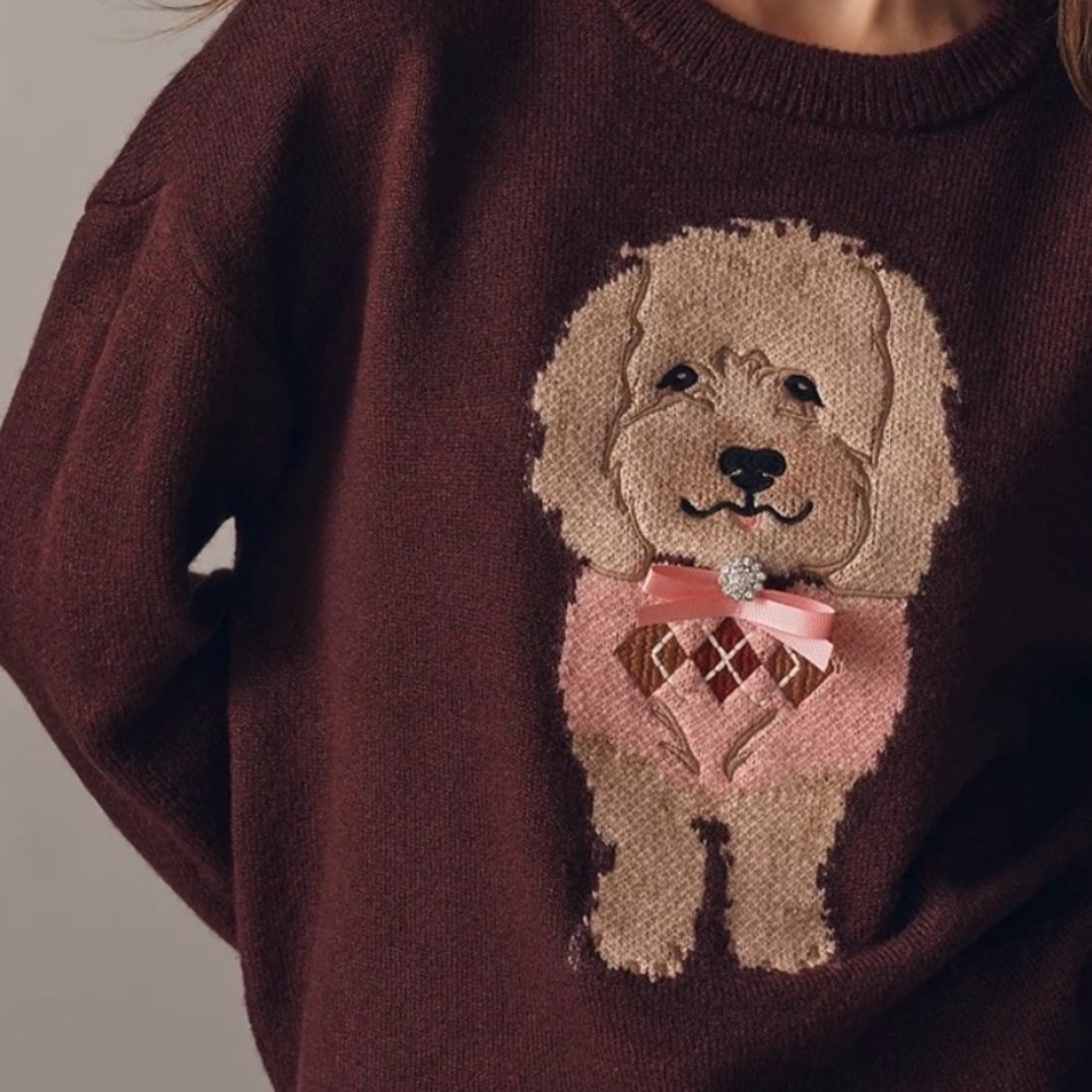 Anthropologie Maeve Crew-Neck Dog Icon Pullover Sweater Small Wine Lab - Picture 2 of 4